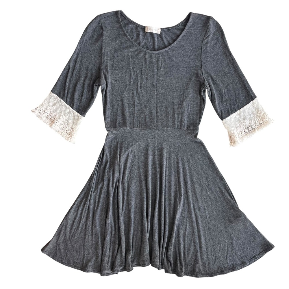 Altar'd State Women M Gray Knit Fit & Flare Dress Lace Bell Sleeve Boho Southern